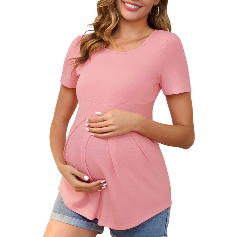 Maternity Short Sleeve Crewneck Wrinkle Design Waist Tiered T-Shirt Pink